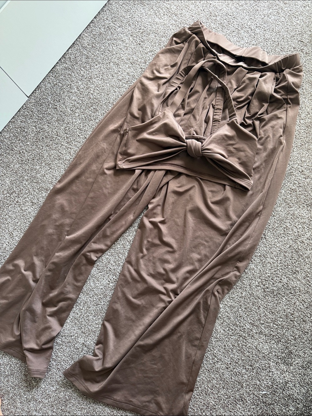 SHEIN Taupe Brown Wide-Leg Jumpsuit with Front Tie
